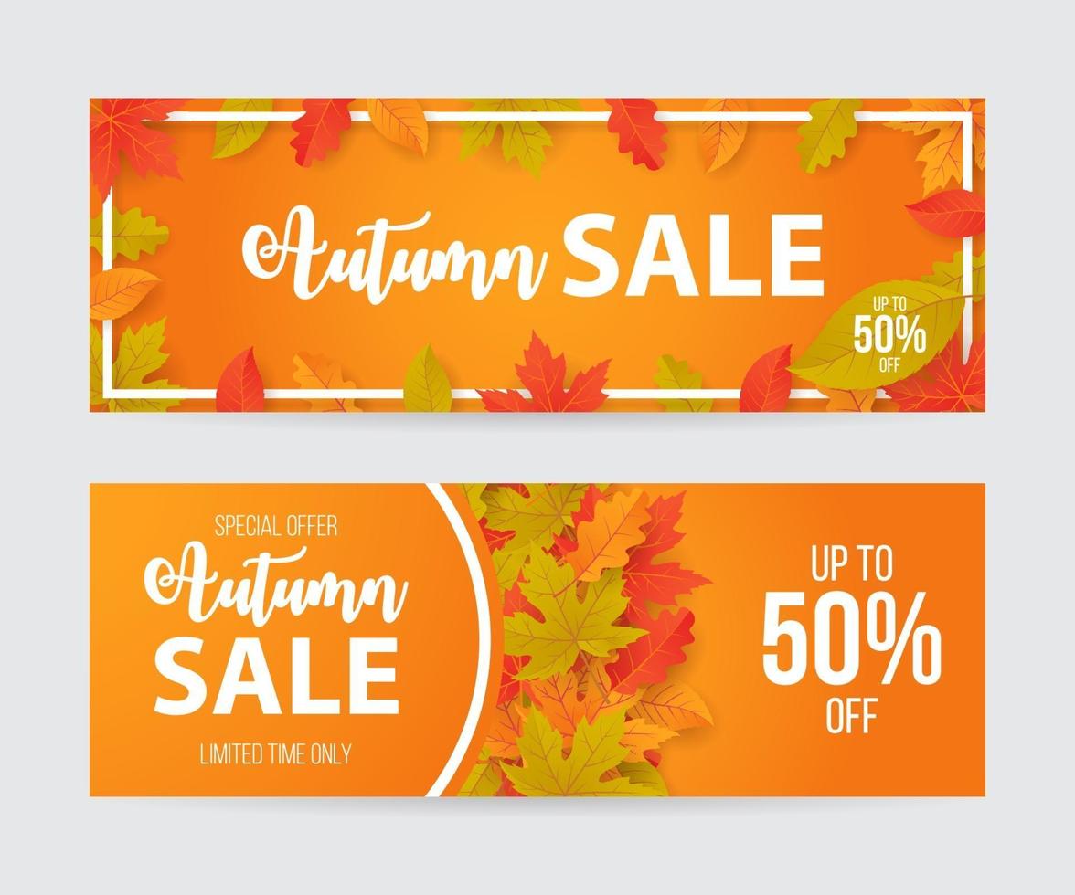 conjunto de banner de venta de otoño con hojas. ilustración vectorial vector