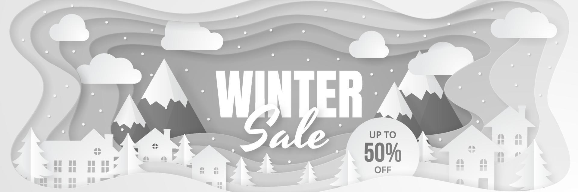 Winter Sale Banner Paper cut Landscape. Vector illustration