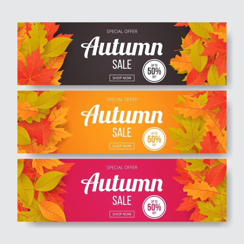 conjunto de banner de venta de otoño con hojas. ilustración vectorial vector