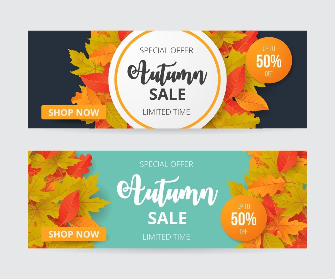 conjunto de banner de venta de otoño con hojas. ilustración vectorial vector