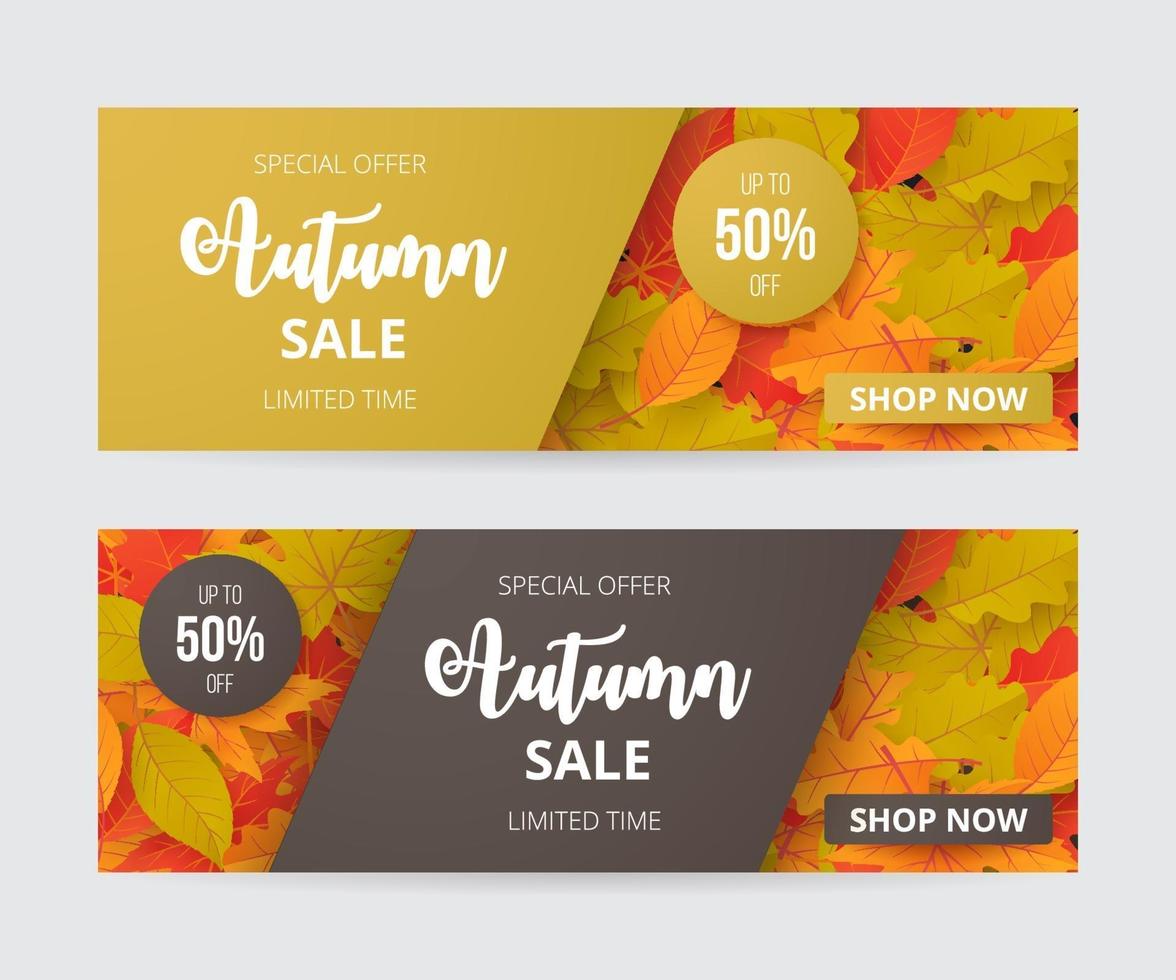 conjunto de banner de venta de otoño con hojas. ilustración vectorial vector