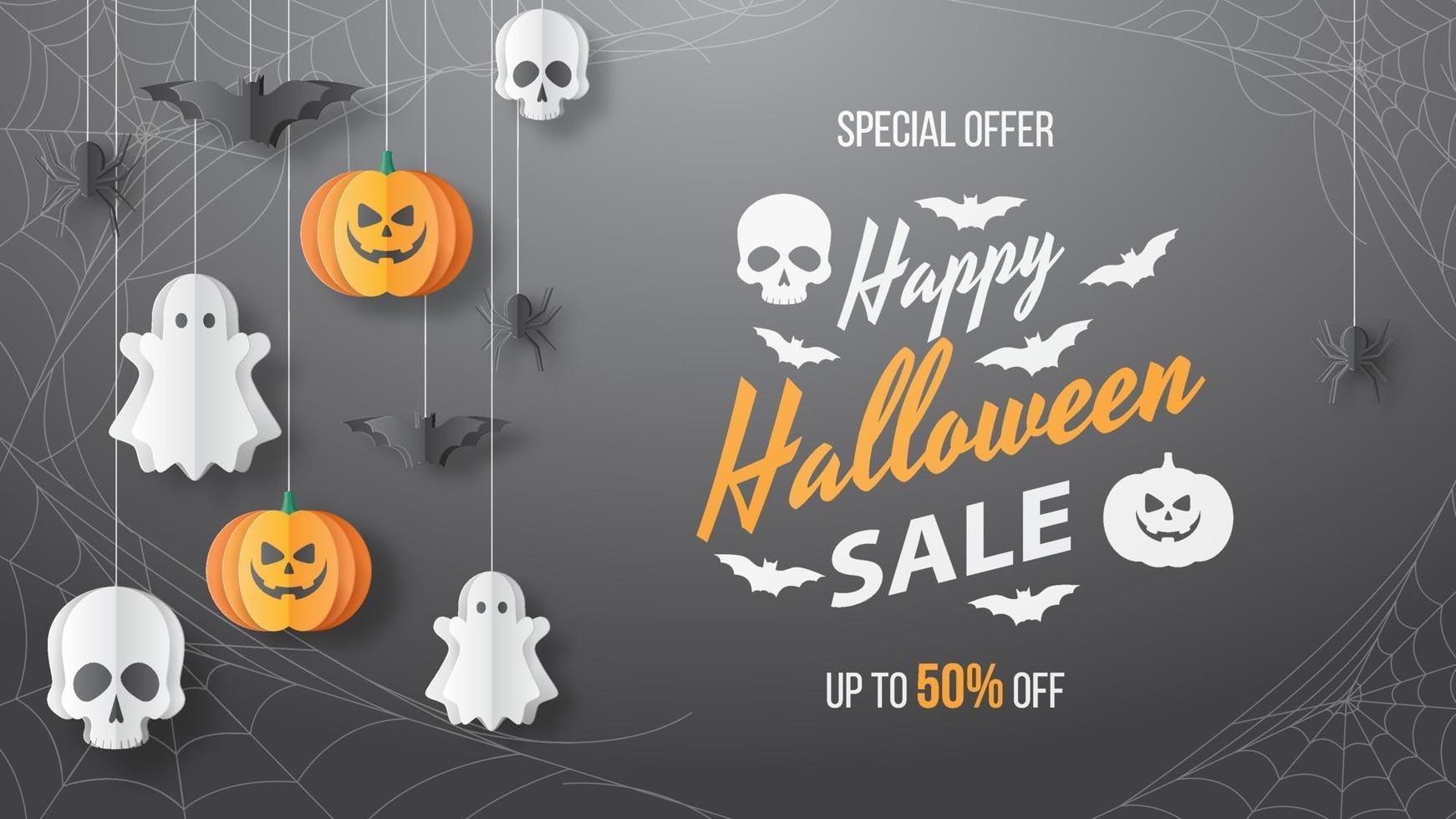 Happy Halloween Sale Banner. Paper cut style. Vector illusration