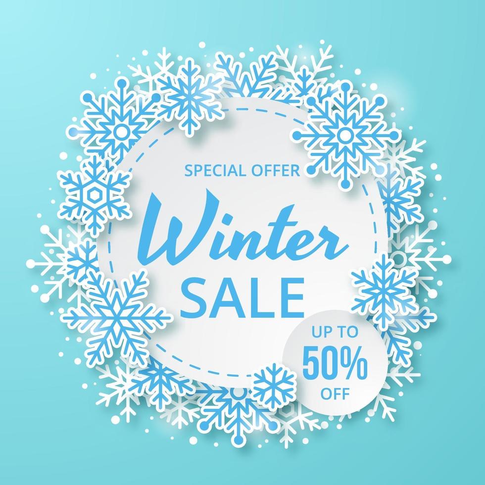 Winter Sale Background. Paper cut Snowfall. Vector illustration
