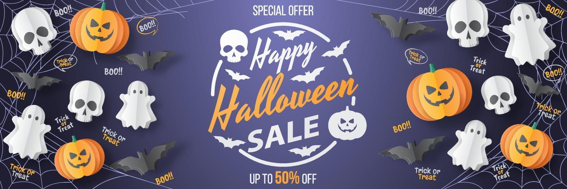 banner de venta de feliz halloween. estilo de corte de papel. ilusión vectorial vector