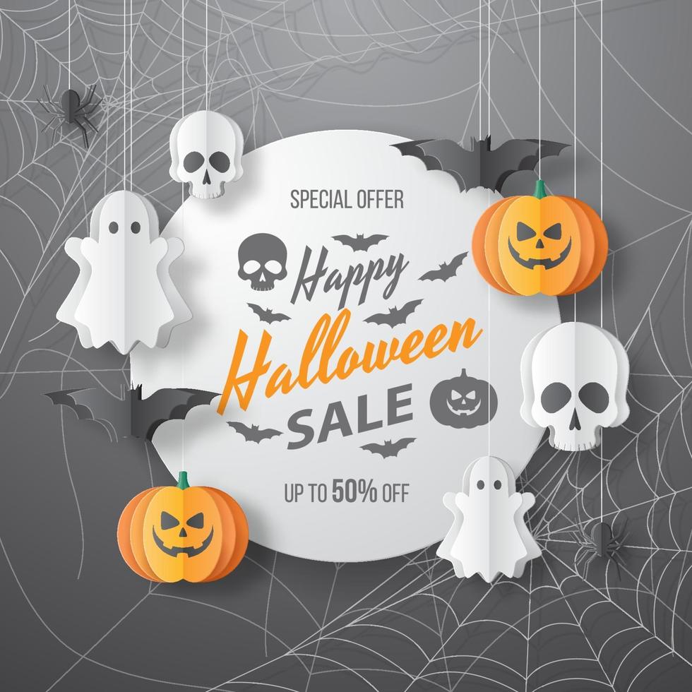 Happy Halloween Sale Banner. Paper cut style. Vector illusration