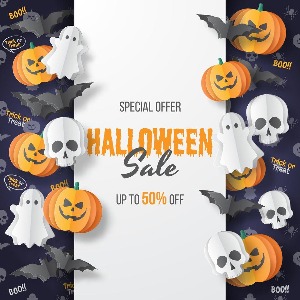 Happy Halloween Sale Banner. Paper cut style. Vector illusration