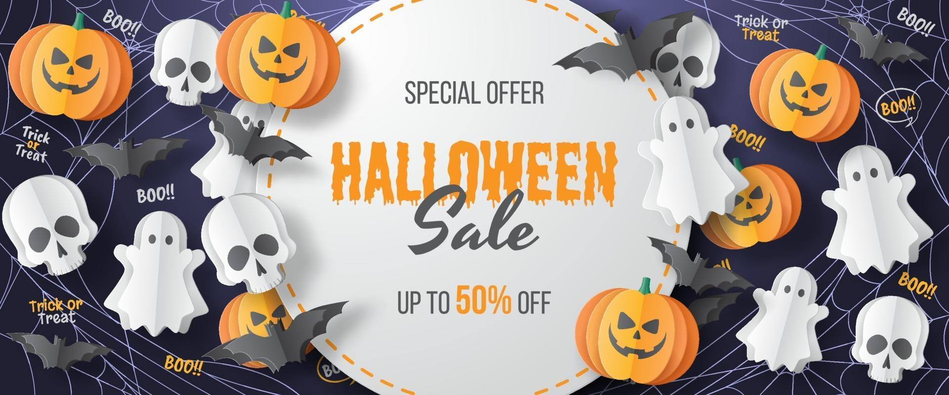 Happy Halloween Sale Banner. Paper cut style. Vector illusration