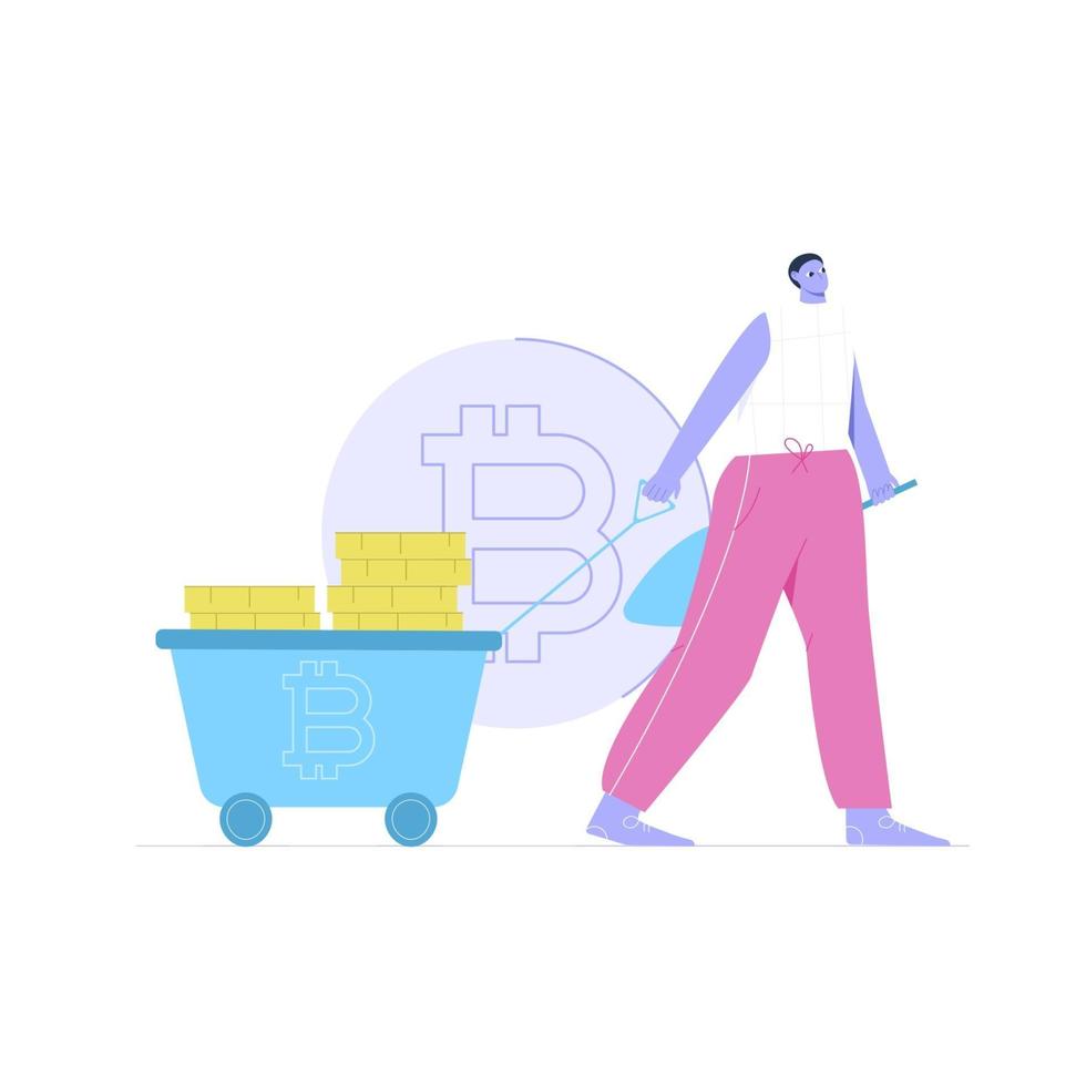 People are bringing profit with carts from bitcoin flat illustration vector