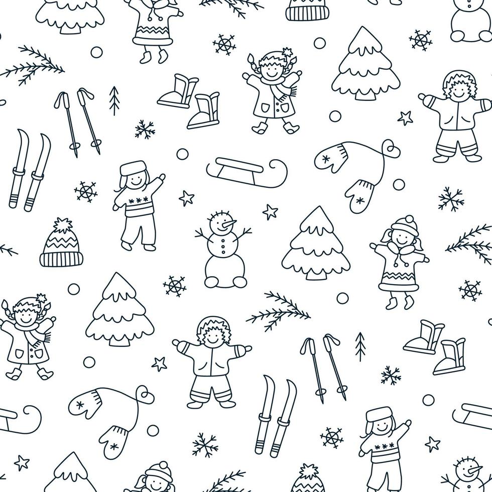 Winter seamless pattern with playing children. Kids in doodle style. vector