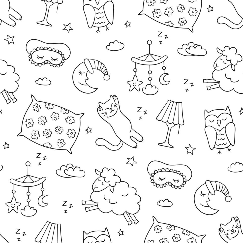Good night. Sleep seamless pattern in doodle style vector