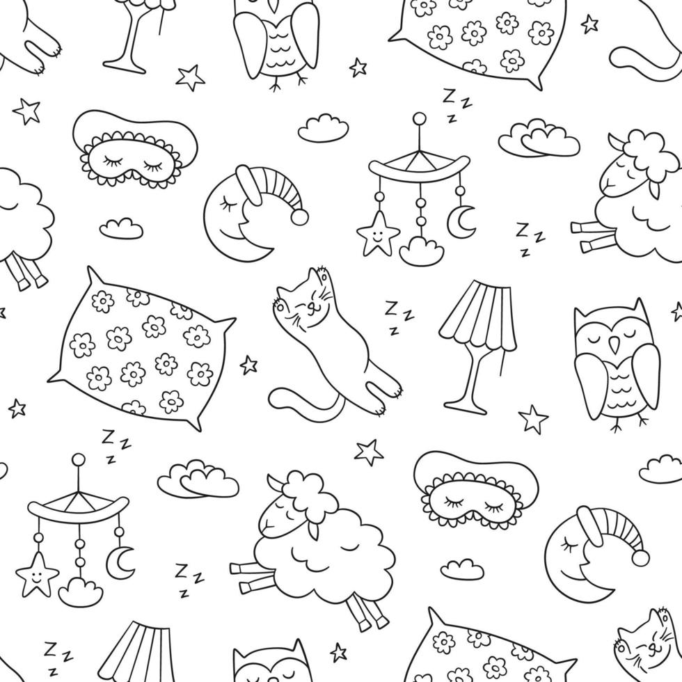 Good night. Sleep seamless pattern in doodle style vector