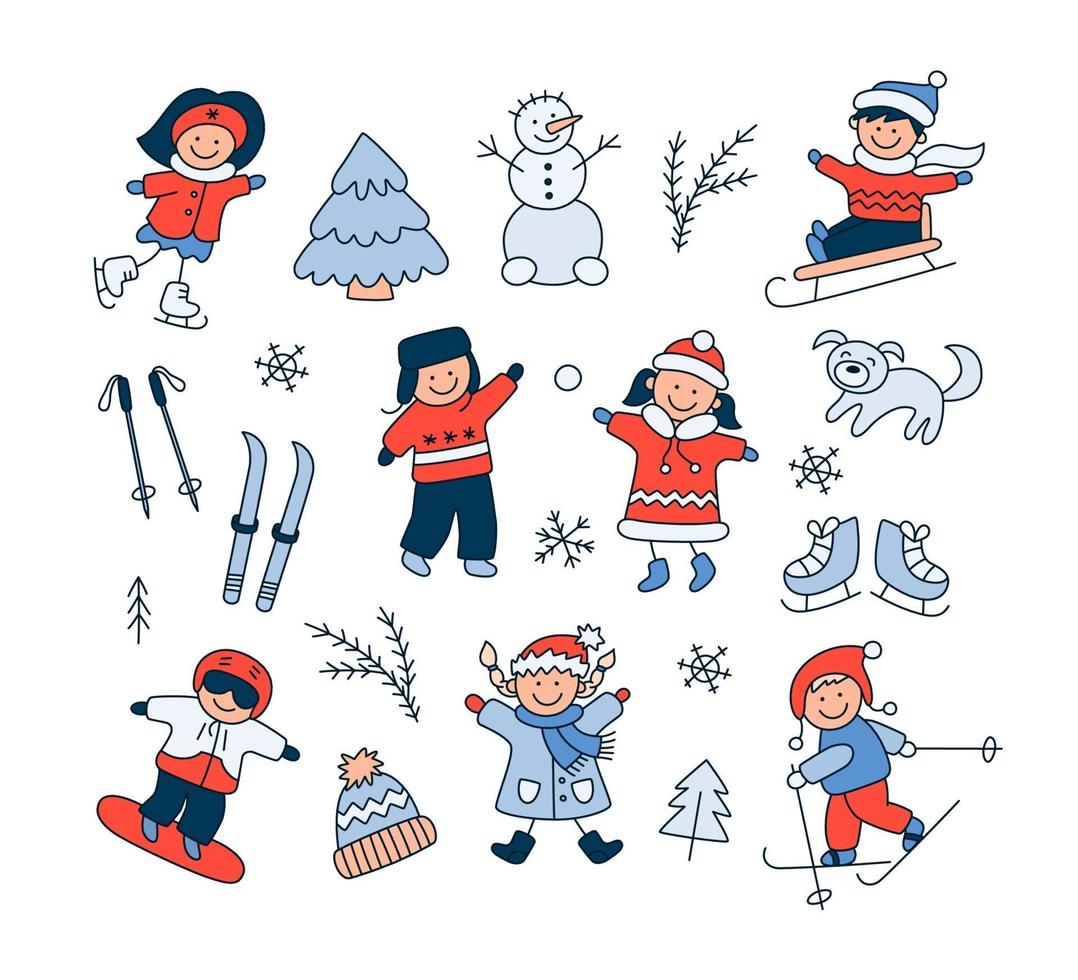 Children playing in the snow, sledding, skiing, skating, snowboarding vector