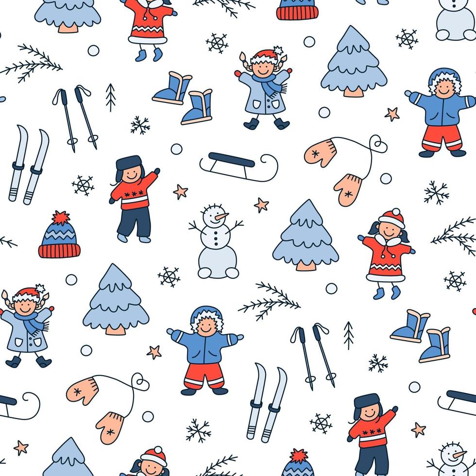 Seamless pattern with children playing in winter. Kids in doodle style vector