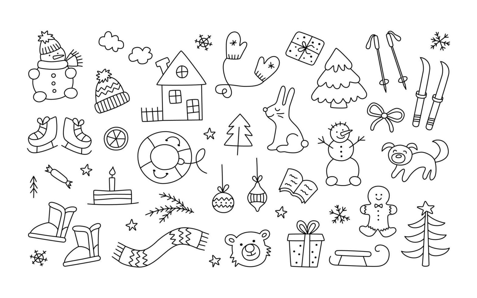 Set of winter christmas objects in doodle style. Hand drawn vector