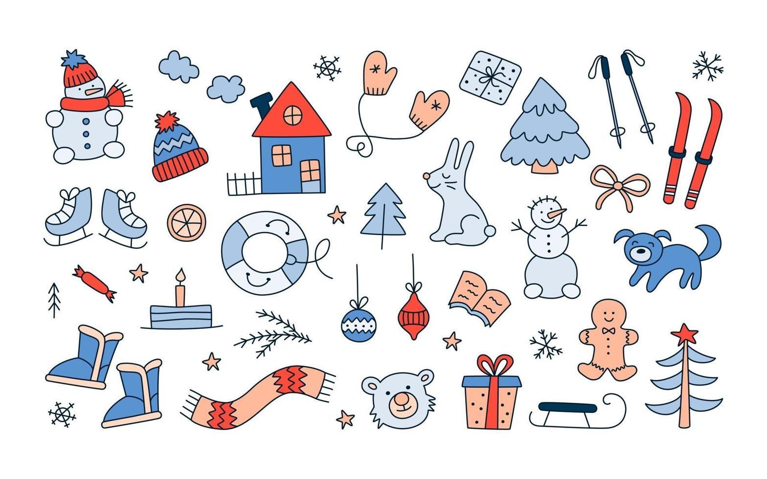 conjunto de objetos navideños de invierno en estilo doodle. vector