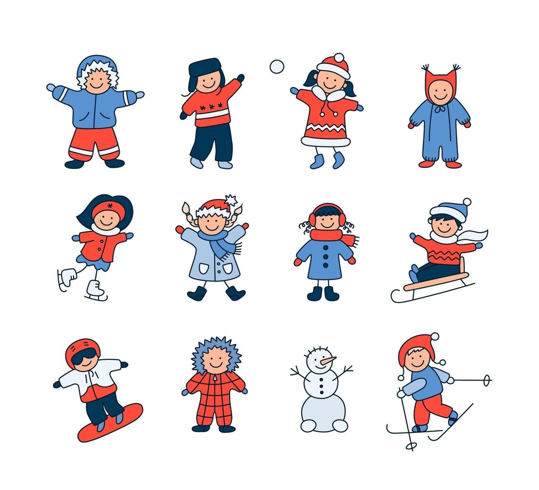 Active children in winter. Cute kids play outdoor with snow. vector