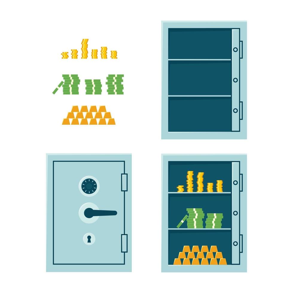 Closed bank safe, open empty safe and cabinet with money and gold bars vector