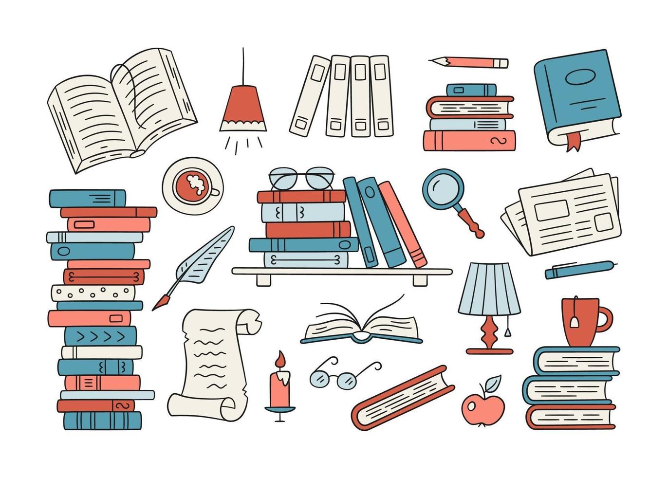 pilas de libros en papel, biblioteca en casa, estantería en estilo doodle. vector