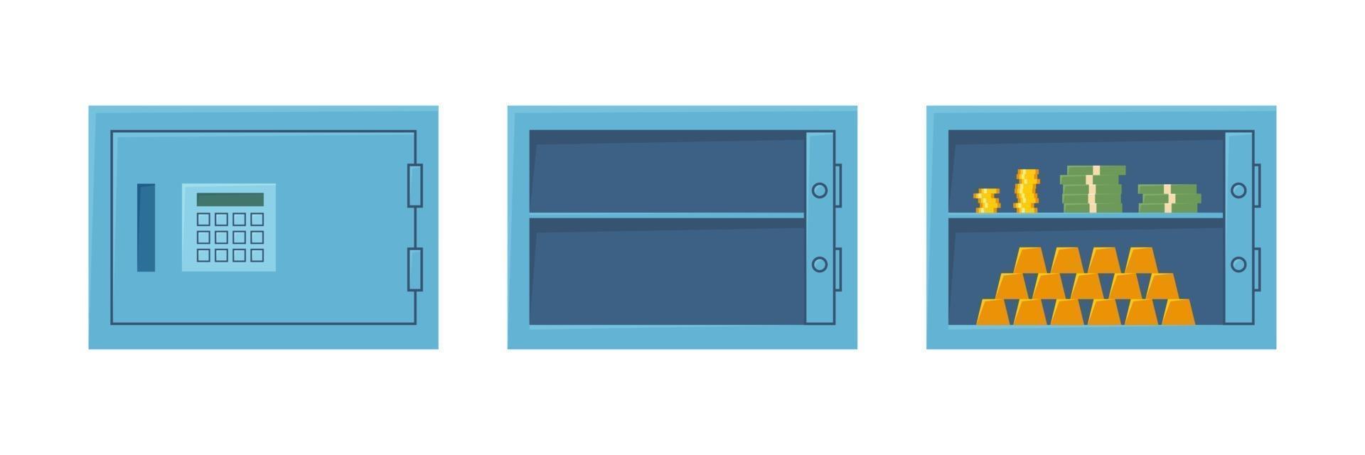 Closed safe, open empty safe and cabinet with money and gold bars. vector
