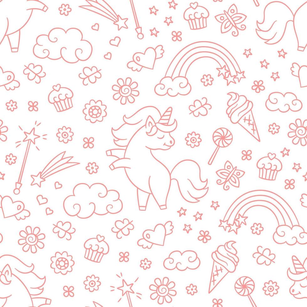 Seamless pattern with unicorn, rainbow, shooting star and magic wand vector