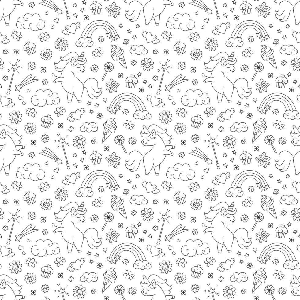 Seamless pattern with unicorn, rainbow, shooting star in doodle style vector