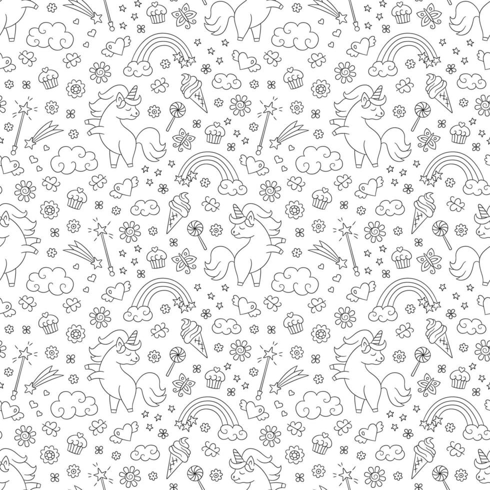 Seamless pattern with unicorn, rainbow, shooting star in doodle style vector