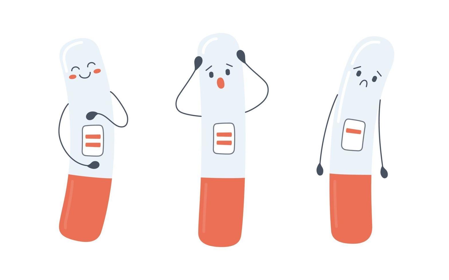 A set of pregnancy test characters with positive and negative results. vector