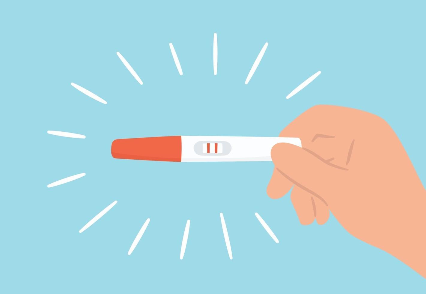 Hand is holding a pregnancy test with positive result as a two lines. vector