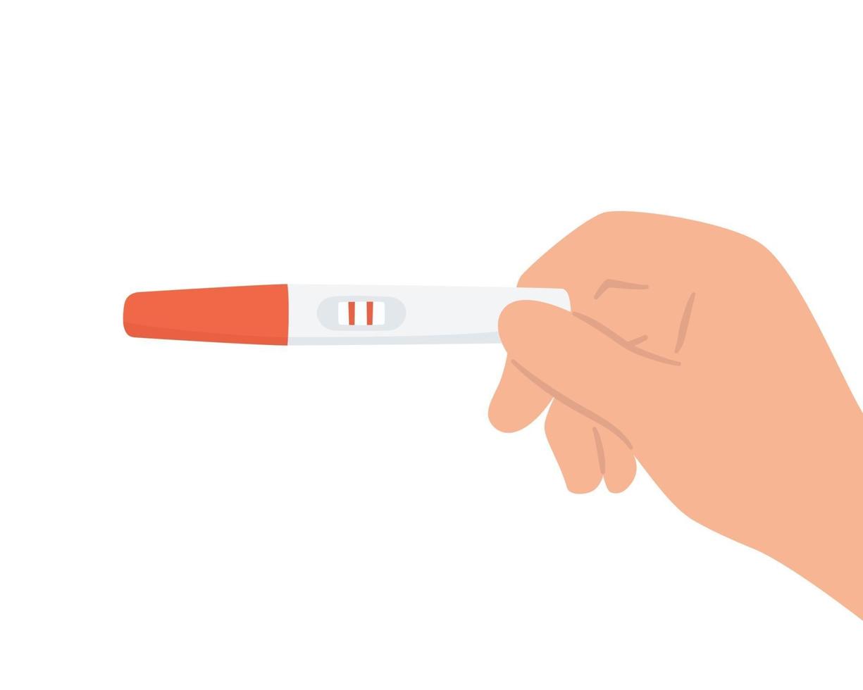 Pregnancy test with two red stripes in hand. Positive result vector
