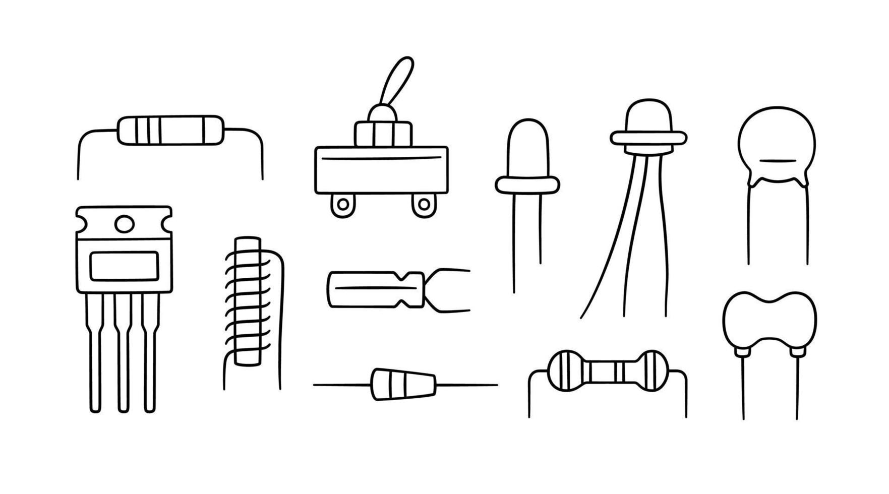 Electrical components. Set of diode, resistor, inductor vector