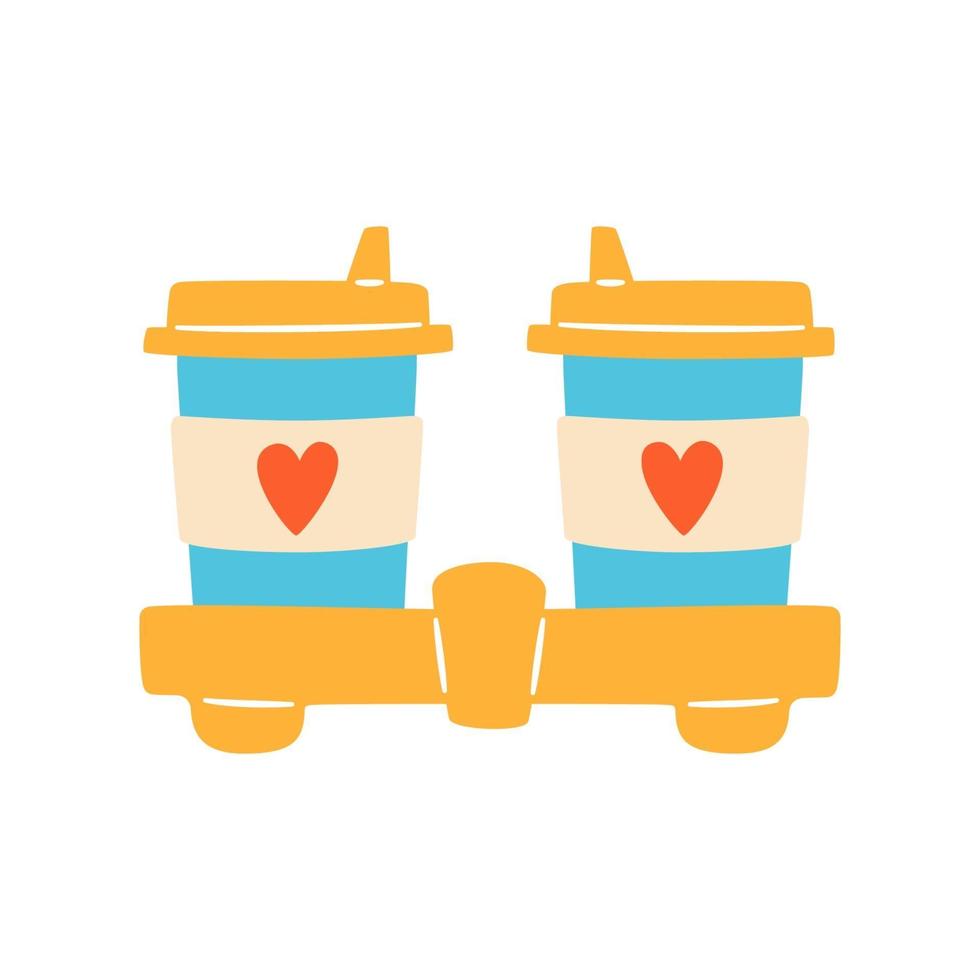Two cups of coffee with hearts in holder. Vector illustration