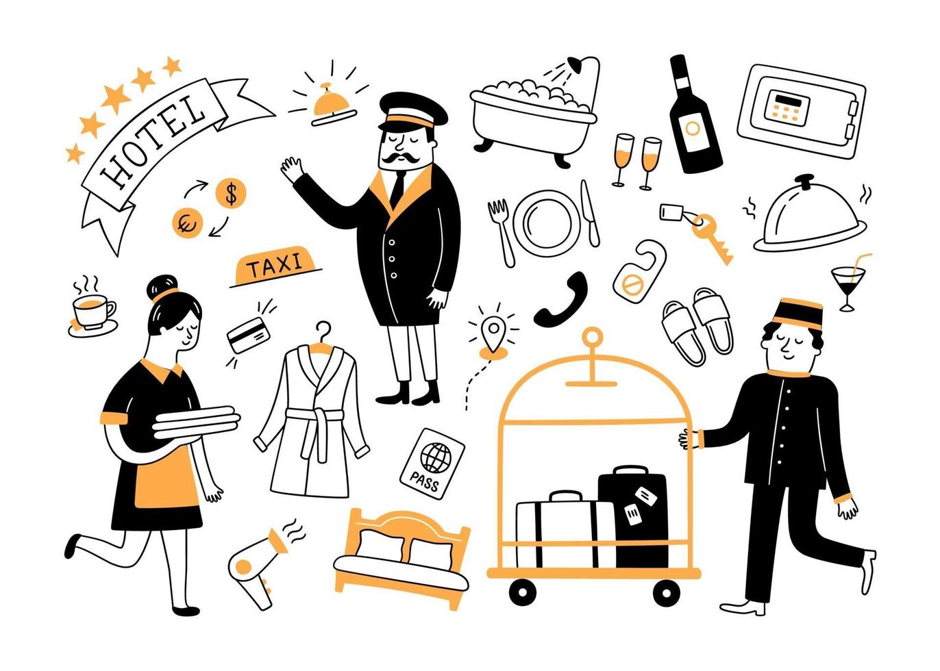 Hotel services and hotel staff. Hand drawn objects vector