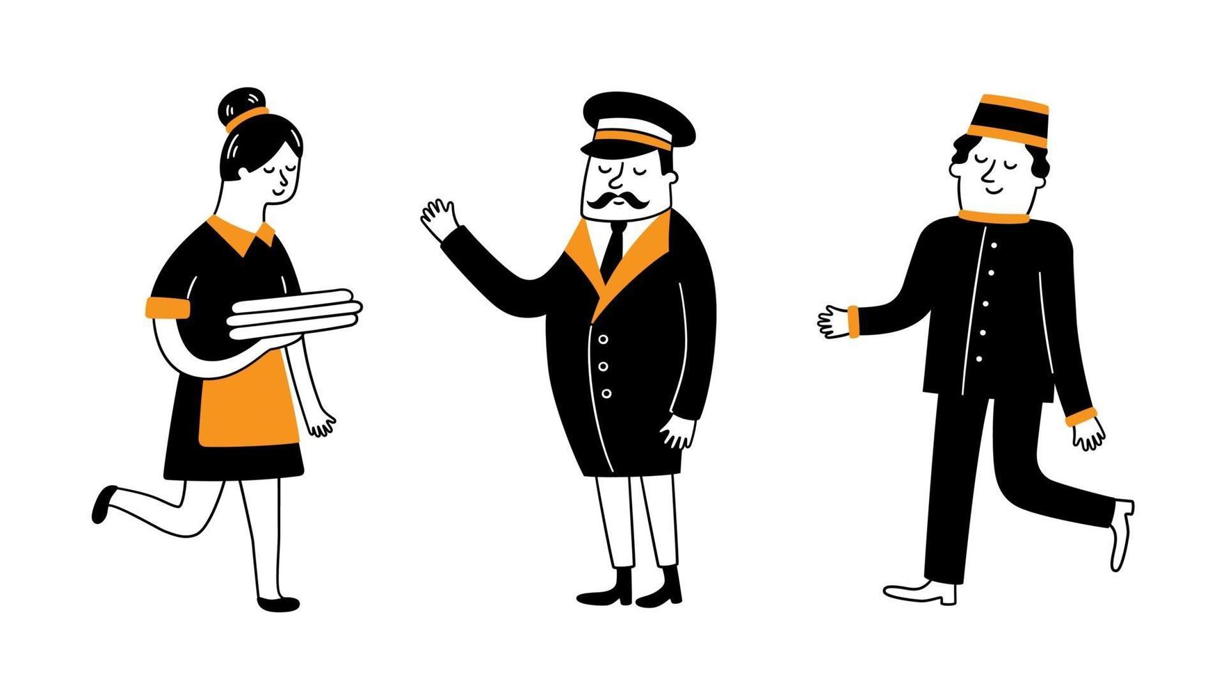 Hotel staff. Maid, bellboy and porter. Hand drawn vector illustration