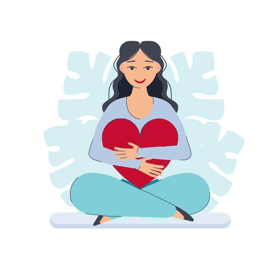 Girl hugs a big heart vector