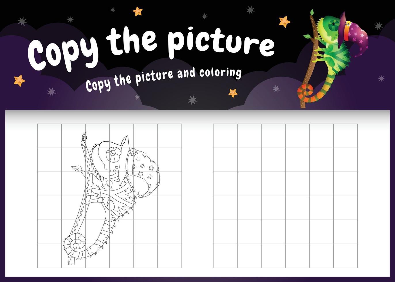 Copie la imagen del juego para niños y la página para colorear con un lindo camaleón vector
