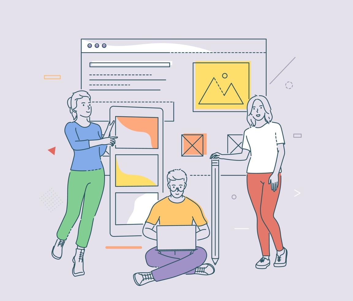 Happy people working at creative design agency office. vector