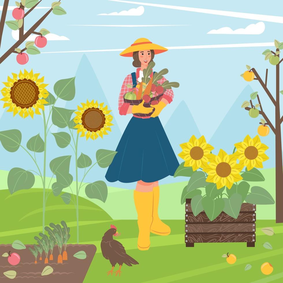 Flat People in village. Woman with basket vegetables in hands. Vector