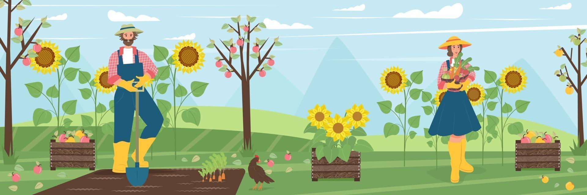 Man and woman harvest in garden, farmers in village. Vector