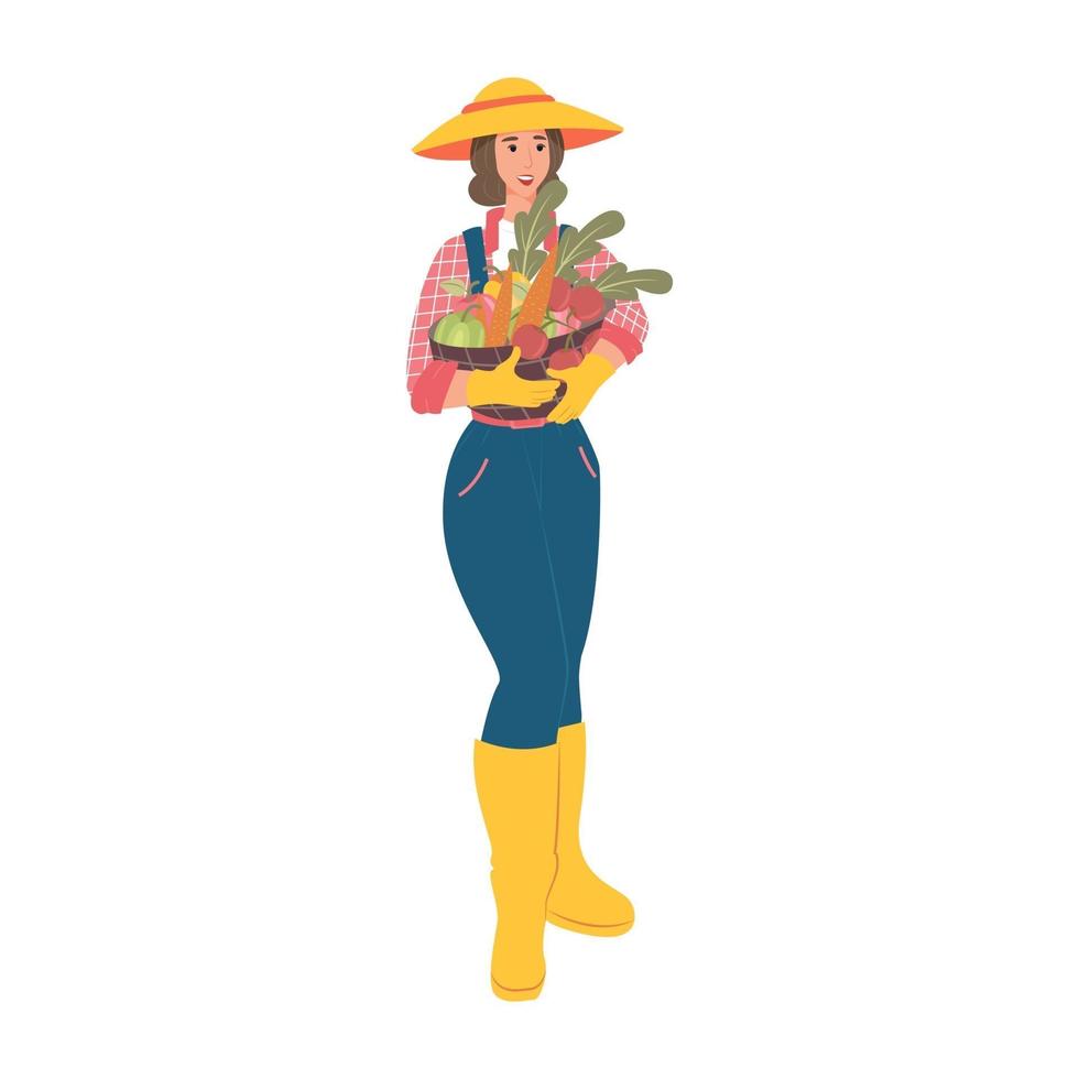 agricultora con cesta de verduras. gente del pueblo. ilustración vector