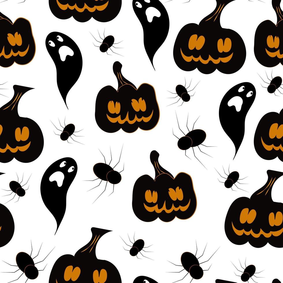 Scary ghosts and pumpkins with spiders seamless pattern Halloween vector