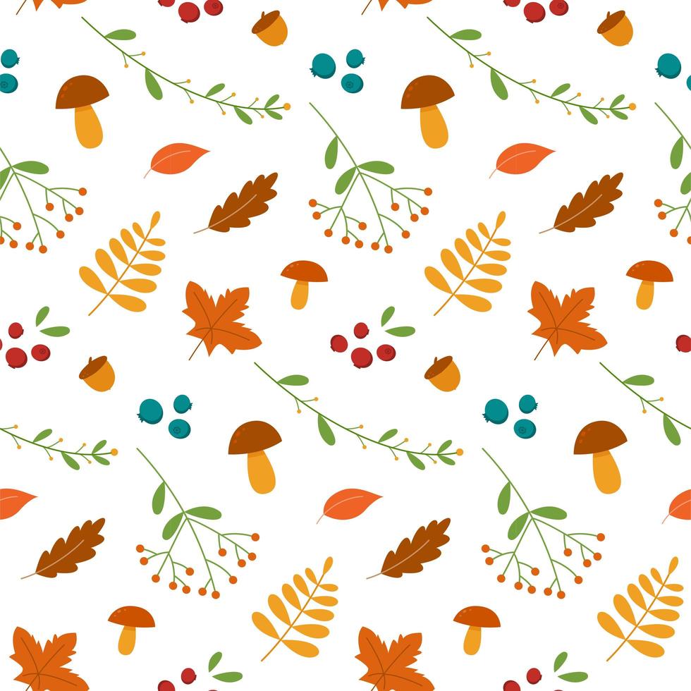 seamless pattern autumn leaves mushrooms and berries vector