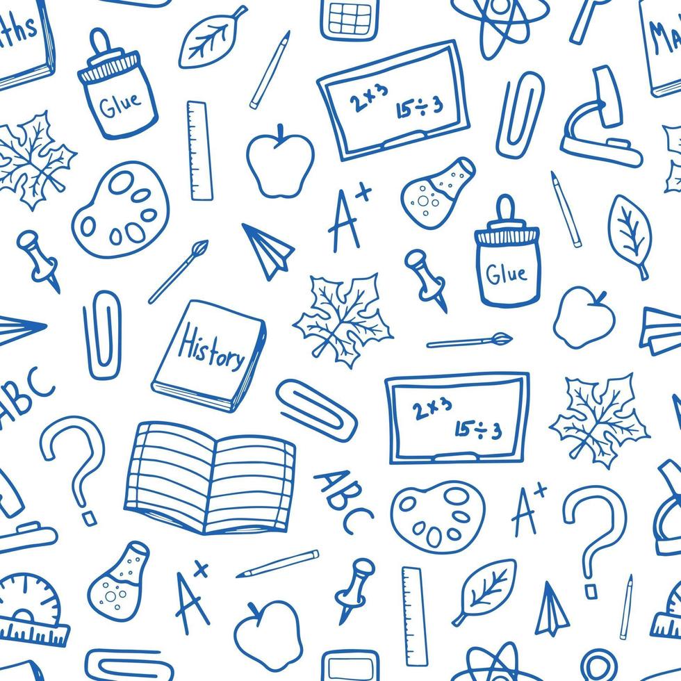 Back to school doodle blue line drawn vector seamless pattern