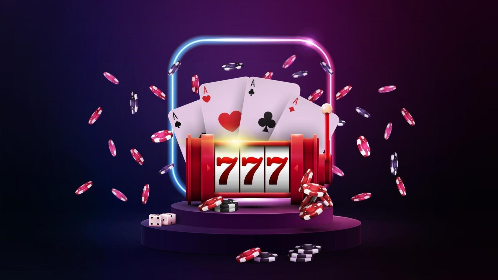 podio con tragamonedas de casino rojo, fichas de póquer, naipes vector
