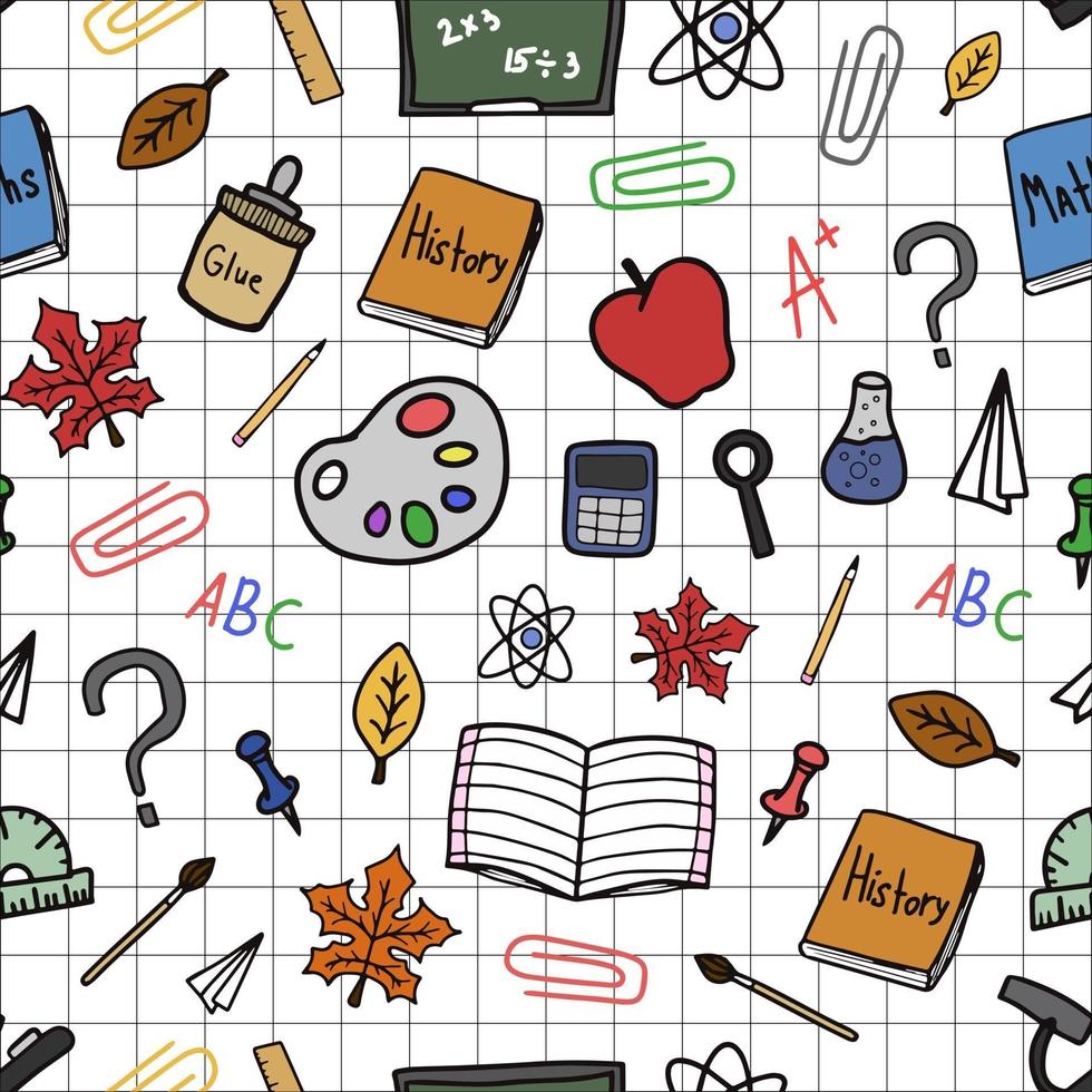 Back to school doodle colorful vector seamless pattern with cell