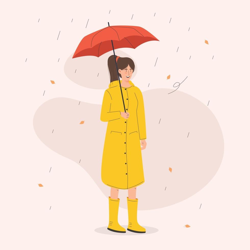 Una mujer joven de pie bajo el paraguas que lleva el entrenador de lluvia vector