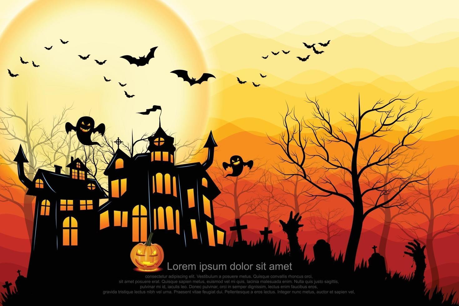 Castle, haunted house and ghost hands, tomb on full moon night. vector