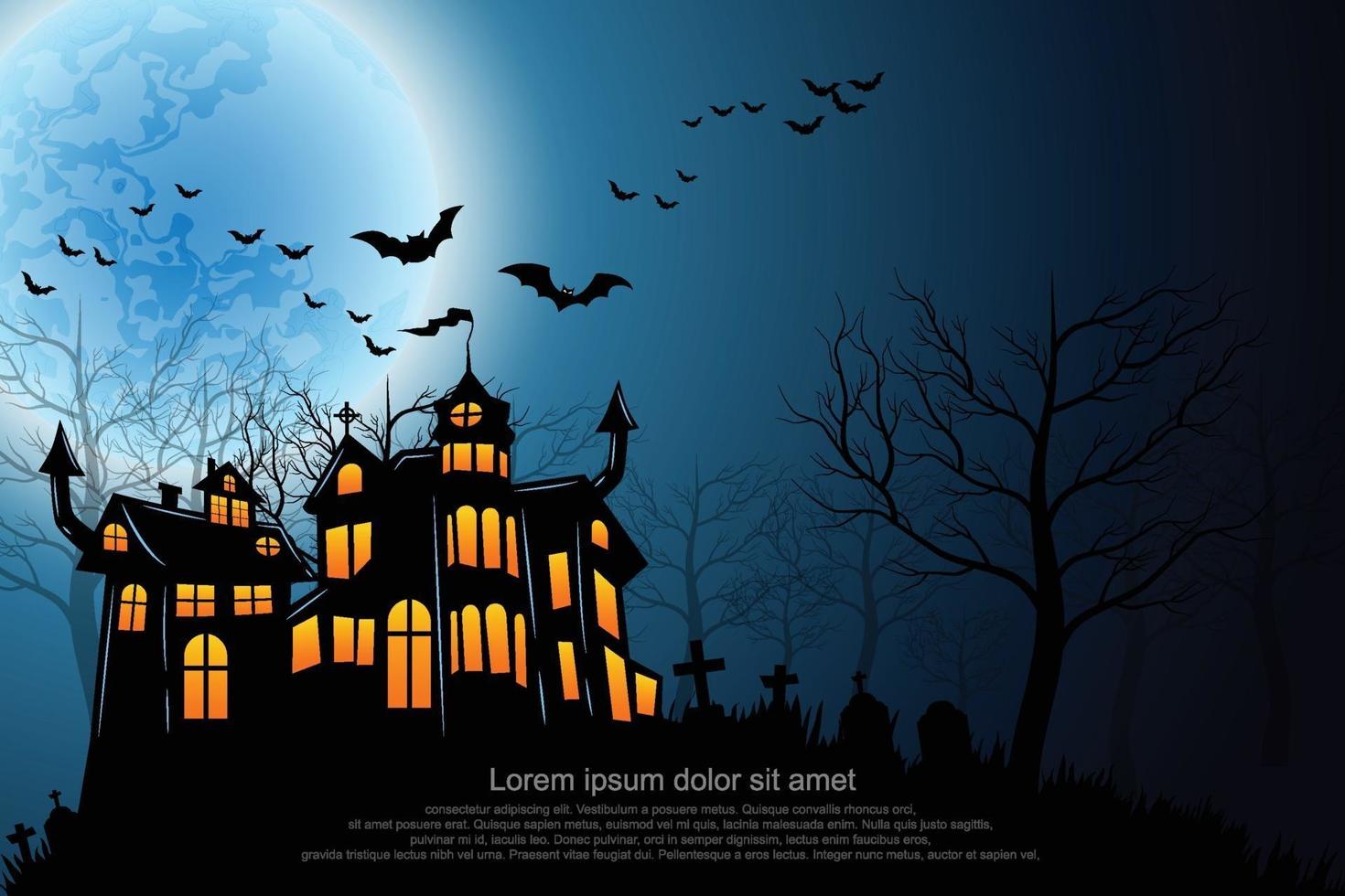 Castle, haunted house and ghost hands, tomb on full moon night. vector