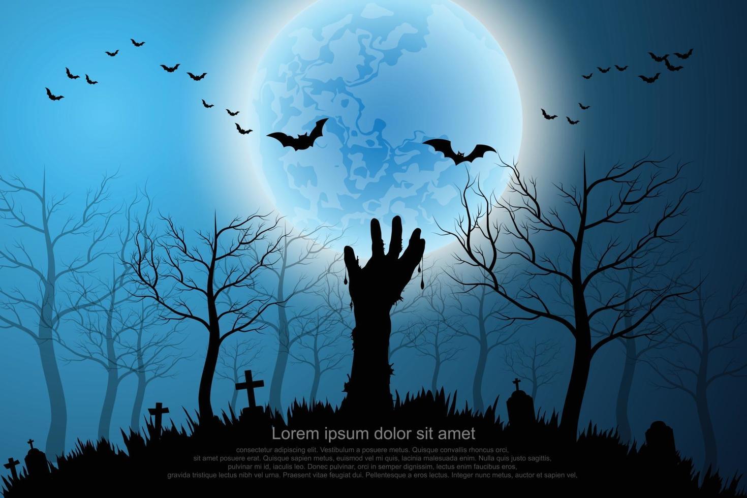 Zombie hands rising in dark Halloween night. Vector illustrator