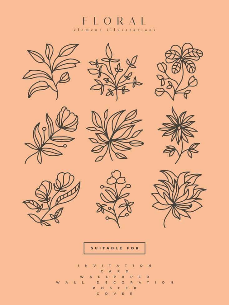 colección de ilustraciones de flores minimalistas en estilo de arte lineal vector