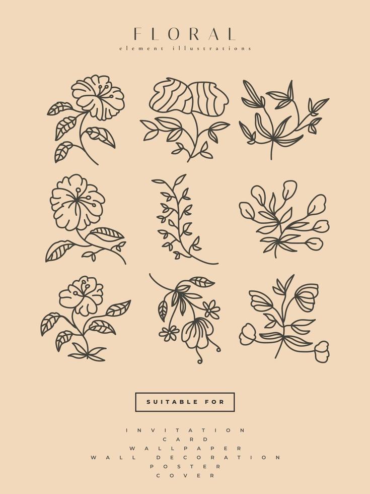 colección de ilustraciones de flores minimalistas en estilo de arte lineal vector